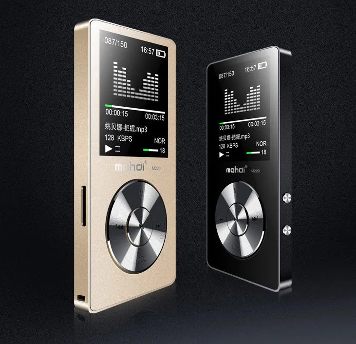 Gold, silver, and black metal-body MP3 music player with a 1.8-inch screen.