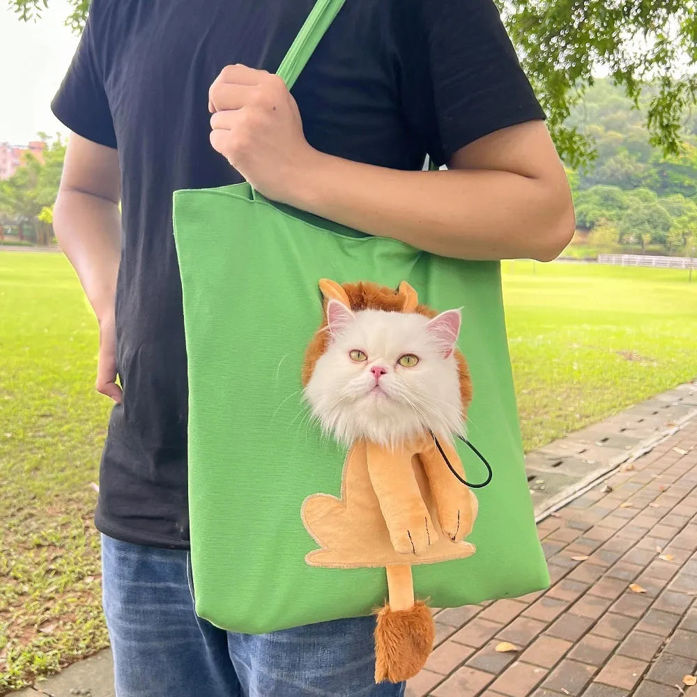 Canvas shoulder pet carrier bag with cartoon print for small cats and dogs