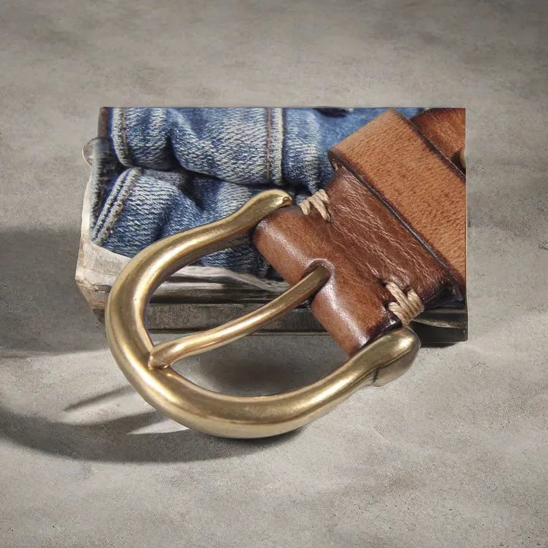 Men's casual belt in first layer cowhide leather with copper pin buckle, showing adjustable length from 95-125 cm