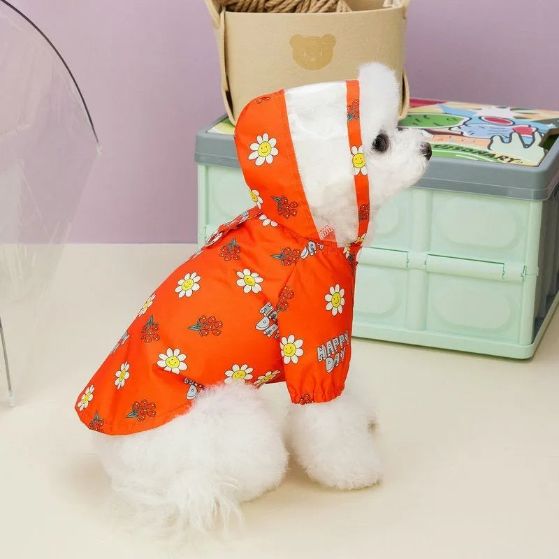 Transparent dog raincoat in orange with pull ring traction on a white background