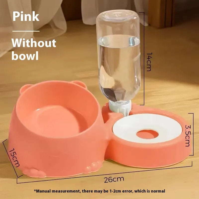 Automatic drinking pet basin with two stainless steel bowls and a ceramic water reservoir in haze blue.