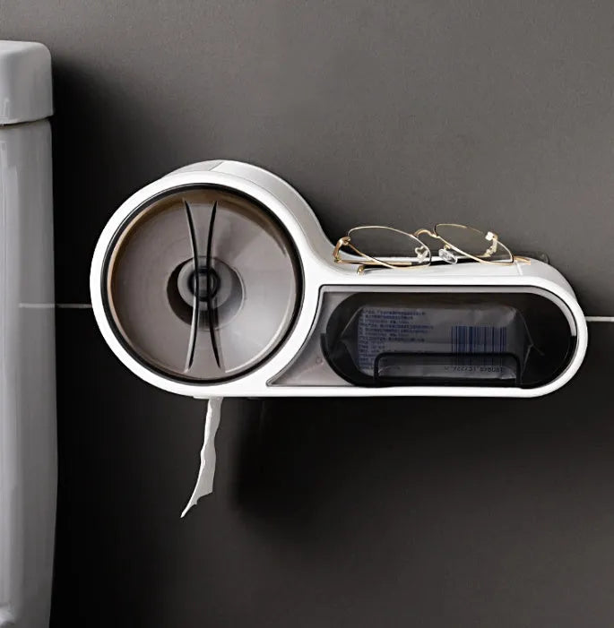 White plastic streamline curved toilet roll holder with no-punching installation on bathroom wall