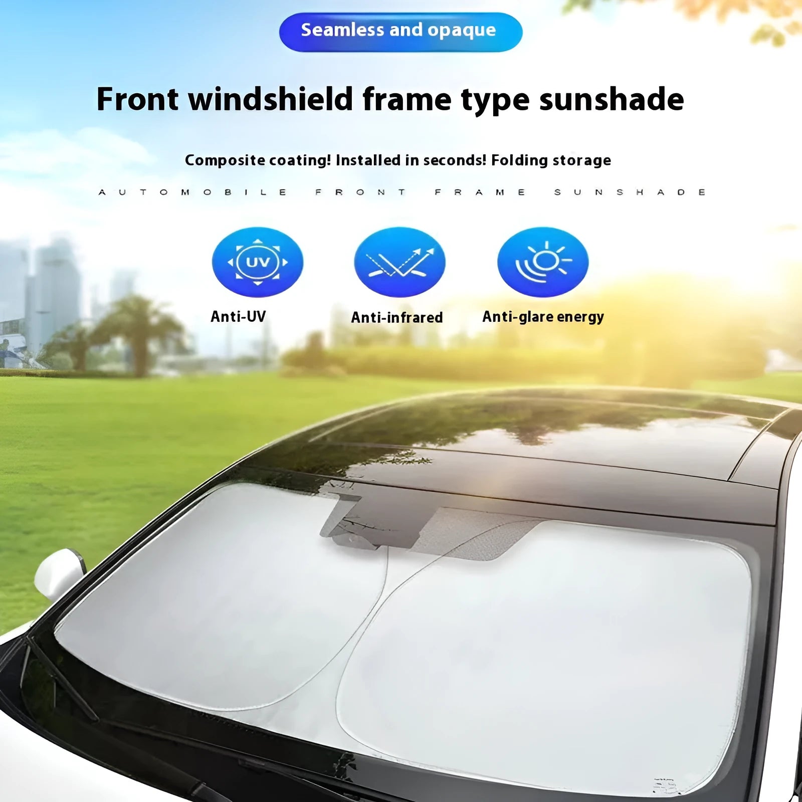 Aluminium foil car windscreen sunshade in silver, showing reflective surface.