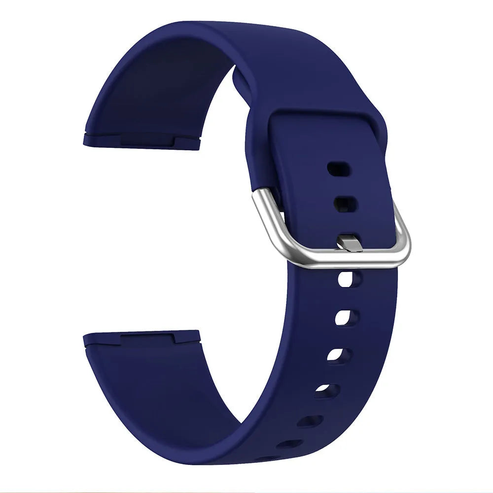 Silicone replacement strap for Fitbit Versa 3 and Sense 2 smartwatch in multiple colours with silver buckle.