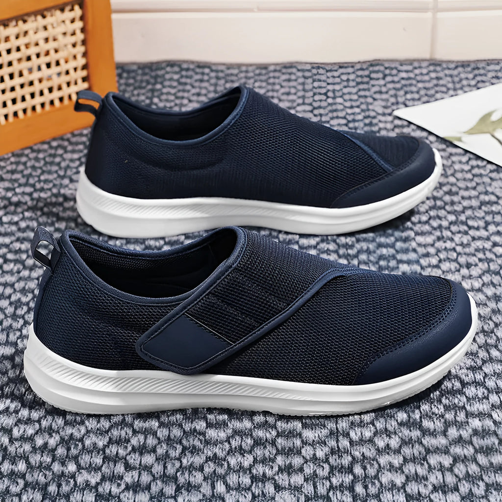 Outdoor mountaineering walking shoes with mesh upper, Velcro closure, and round toe in black