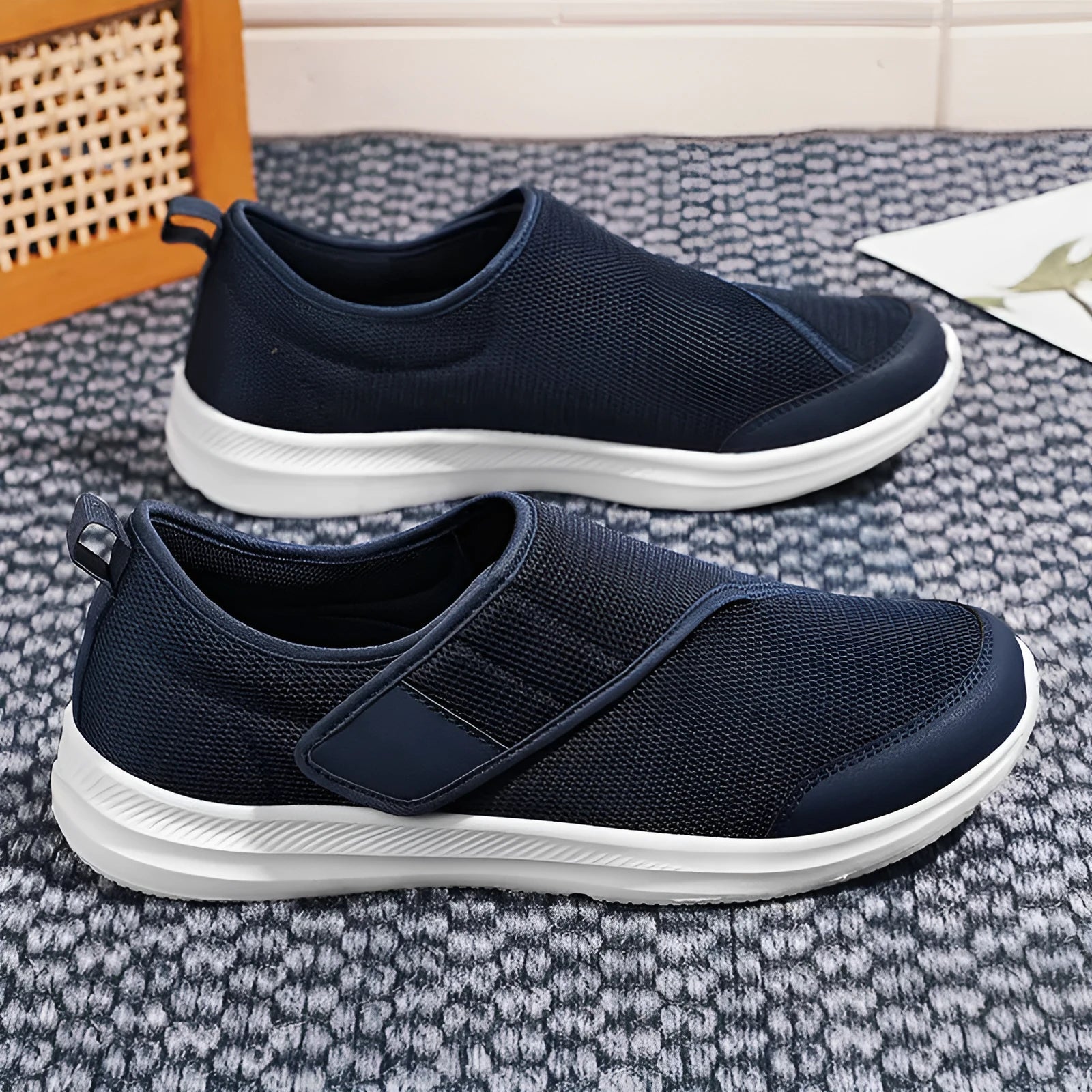 Outdoor mountaineering walking shoes with mesh upper, Velcro closure, and round toe in black