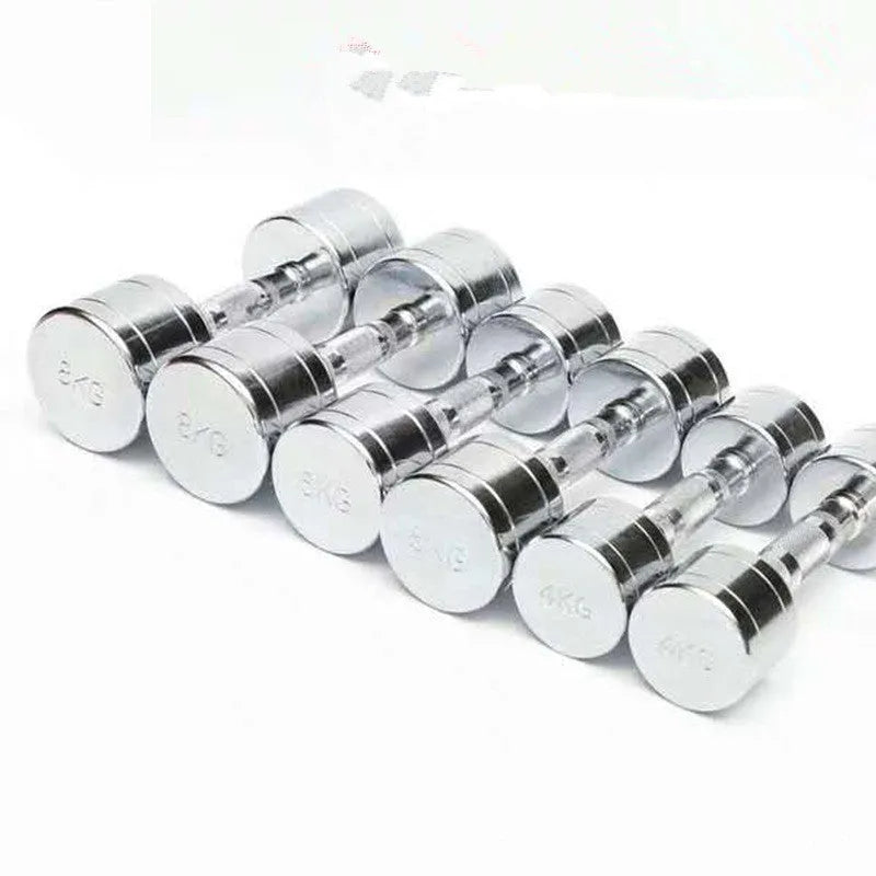 Silver pure steel dumbbell with hexagon rod handle on grey background.