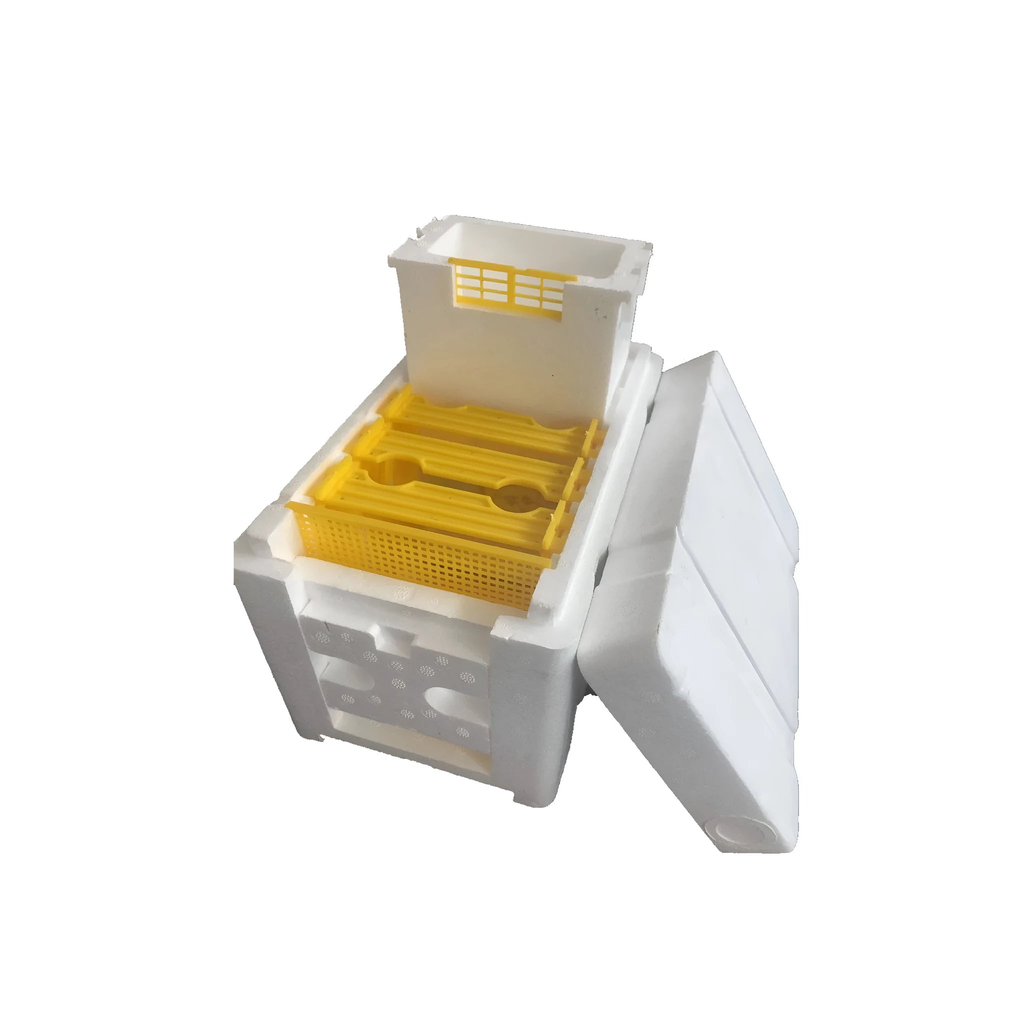 Three white EPS foam mini bee delivery boxes for hive frame and colony transport.