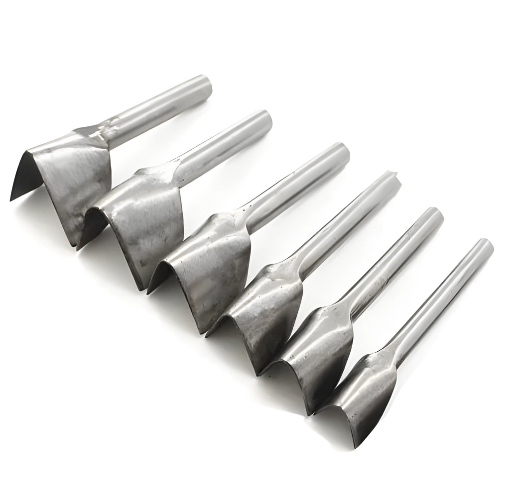 Six steel leather craft punch tools showing half-round and V-shaped profiles in sizes 15mm to 40mm