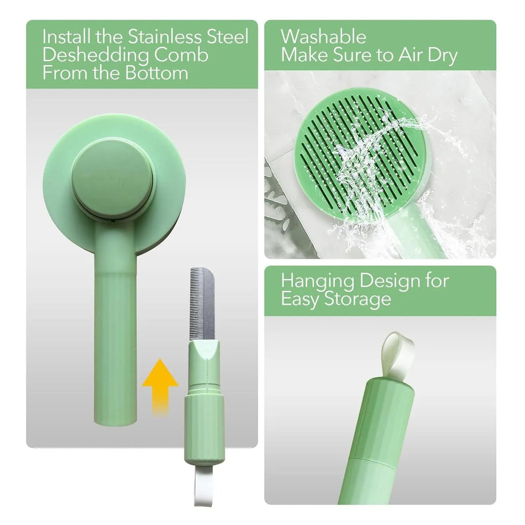 Green and yellow 2-in-1 pet grooming brush with stainless steel teeth and a hanging loop