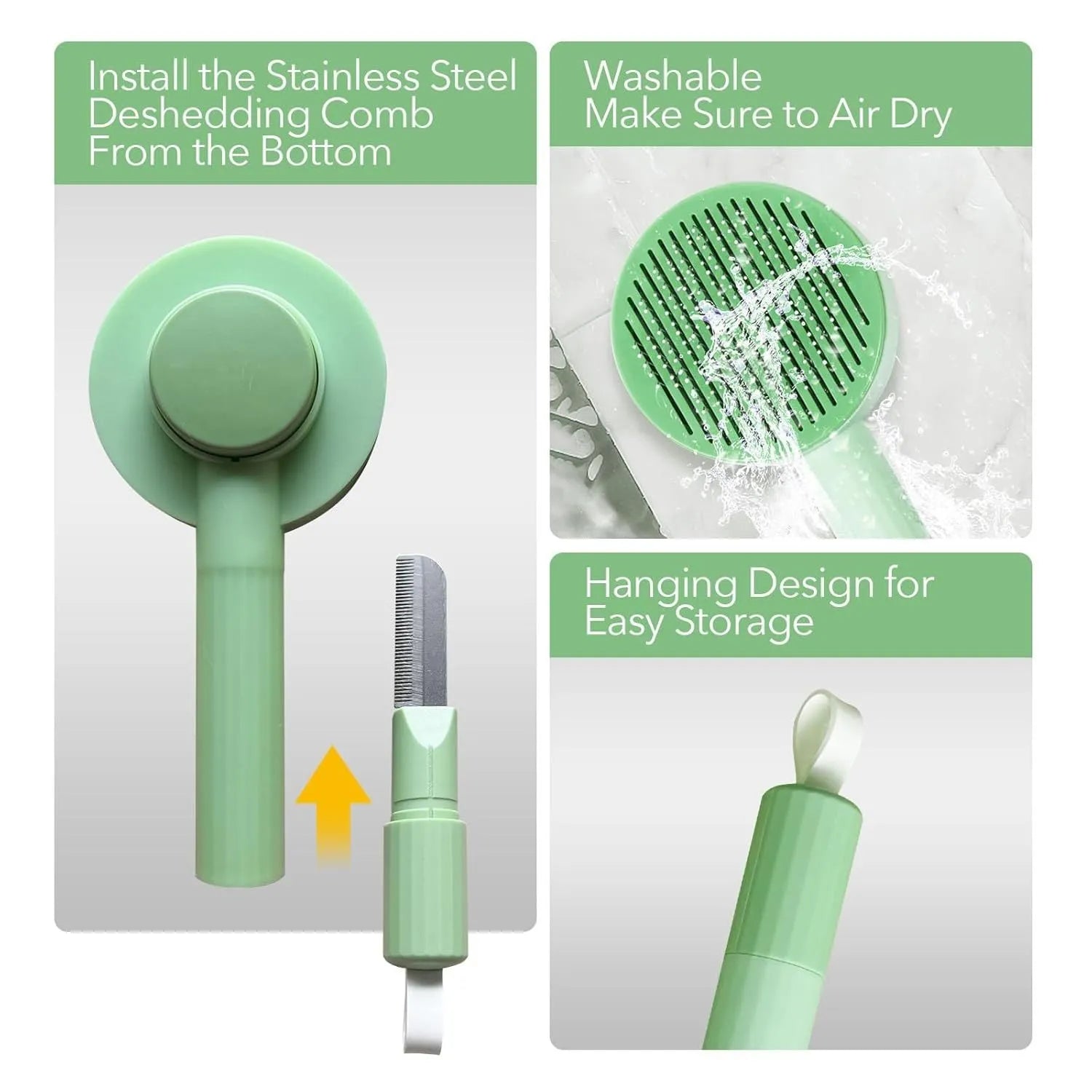 Green and yellow 2-in-1 pet grooming brush with stainless steel teeth and a hanging loop