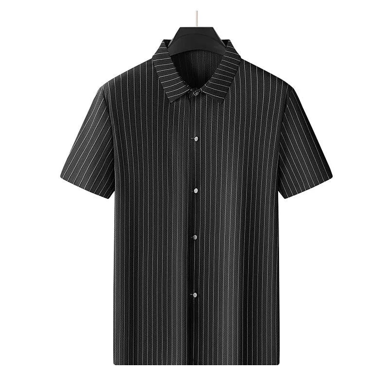 Men's plus size ice silk square collar casual shirt in black, loose cardigan style