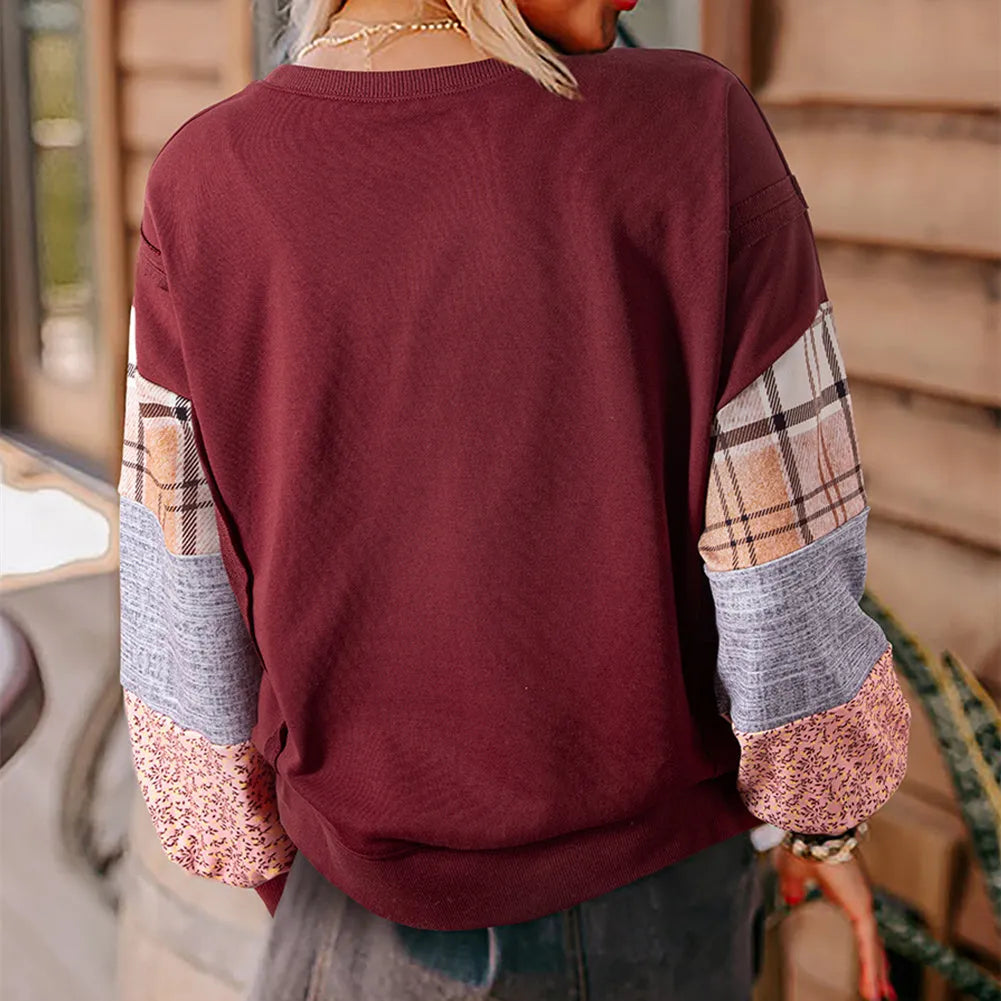 Women's loose-fit plaid stitching long-sleeved polyester top in apricot colour
