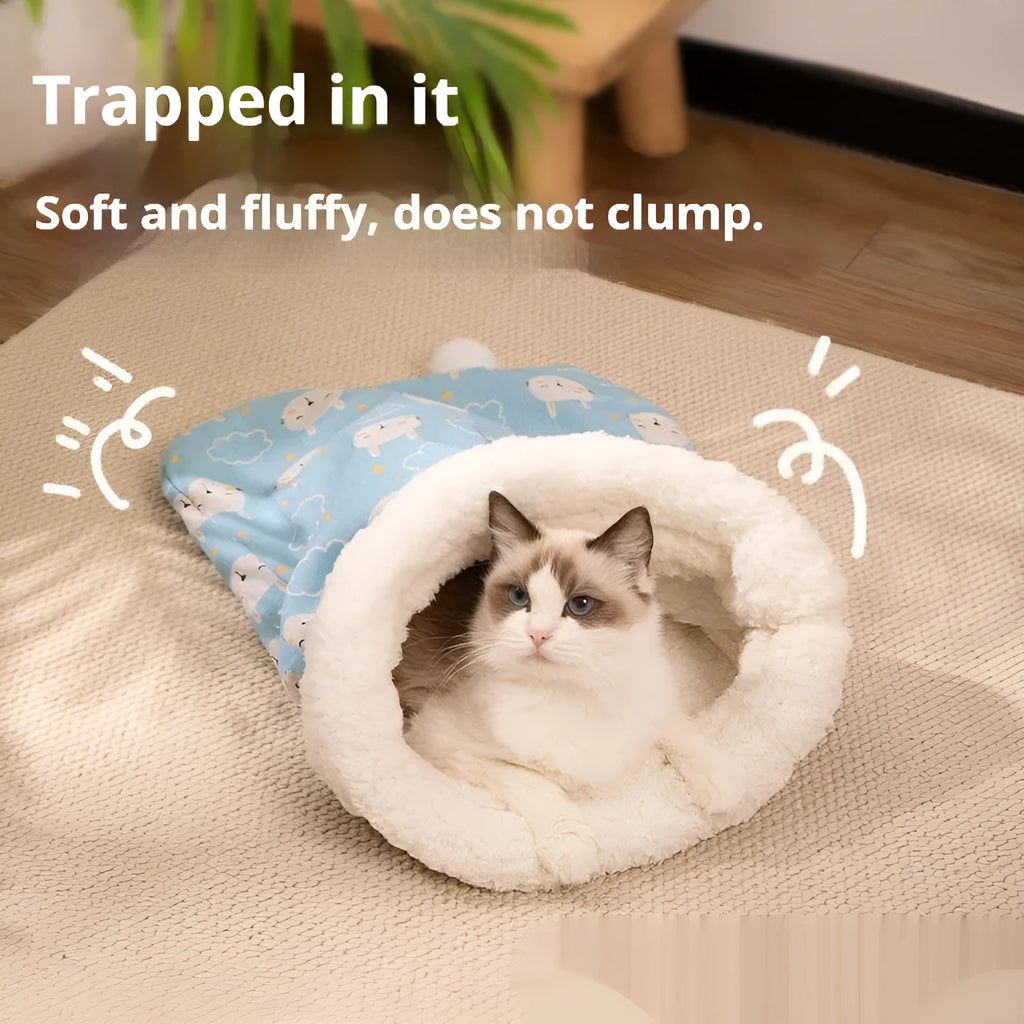 Flannel cat sleeping bag nest with PP cotton filling in blue rabbit design