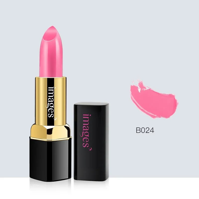 Moisturising lipstick in a case, showing colour range including coral red, bright orange, and barbie pink.