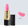 Moisturising lipstick in a case, showing colour range including coral red, bright orange, and barbie pink.