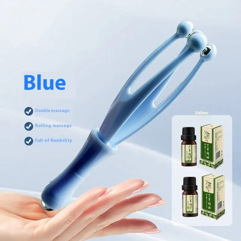 Blue steel ball finger massager hand joint roller on white background
