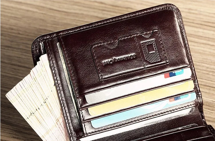 Men's black or brown leather wallet open to show photo window, card slots, and coin pocket.