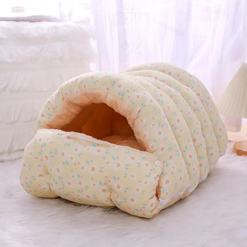 Winter warm closed cat nest in pink floral pattern with removable cover, suitable for cats under 15kg, made of cloth