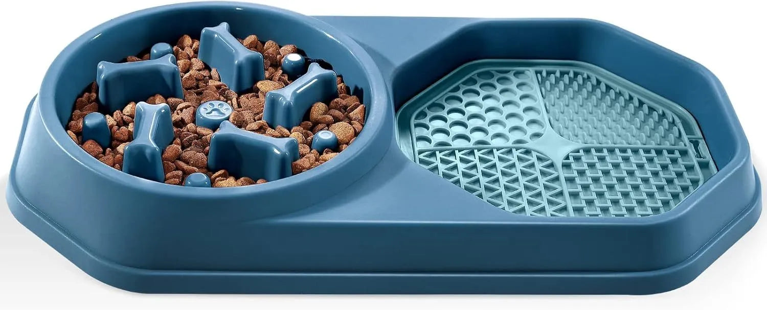 Blue slow feeder interactive dog bowl with maze pattern and non-slip base for healthy eating.