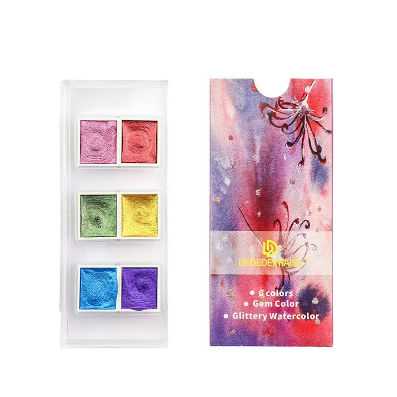 Boxed pearlescent solid watercolour pigment set with 12 colour blocks in uniform size