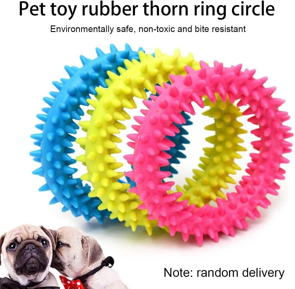 Spiky TPR circle ring dog chew toy in blue for teeth cleaning and bite training