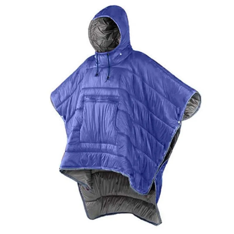 Army Green outdoor cloak sleeping bag worn as a cape, showing its 200cm length and nylon fabric.
