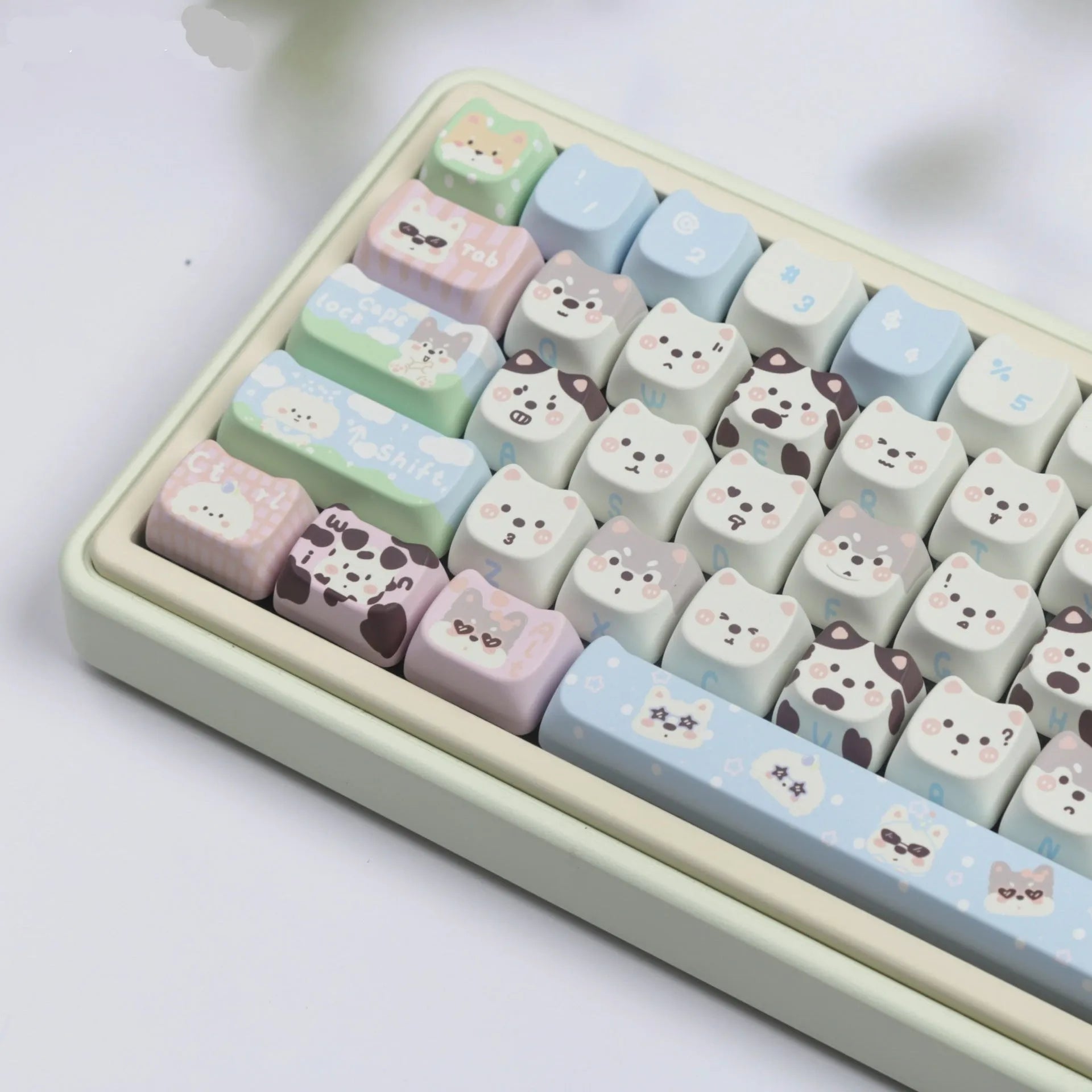 Cute puppy themed 26-key PBT plastic key cap set for mechanical keyboards with sublimated artwork