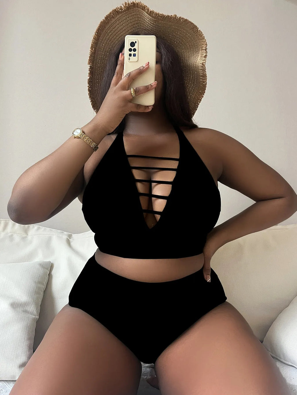 Plus size halter bikini with adjustable cross straps and high waist briefs in solid colour