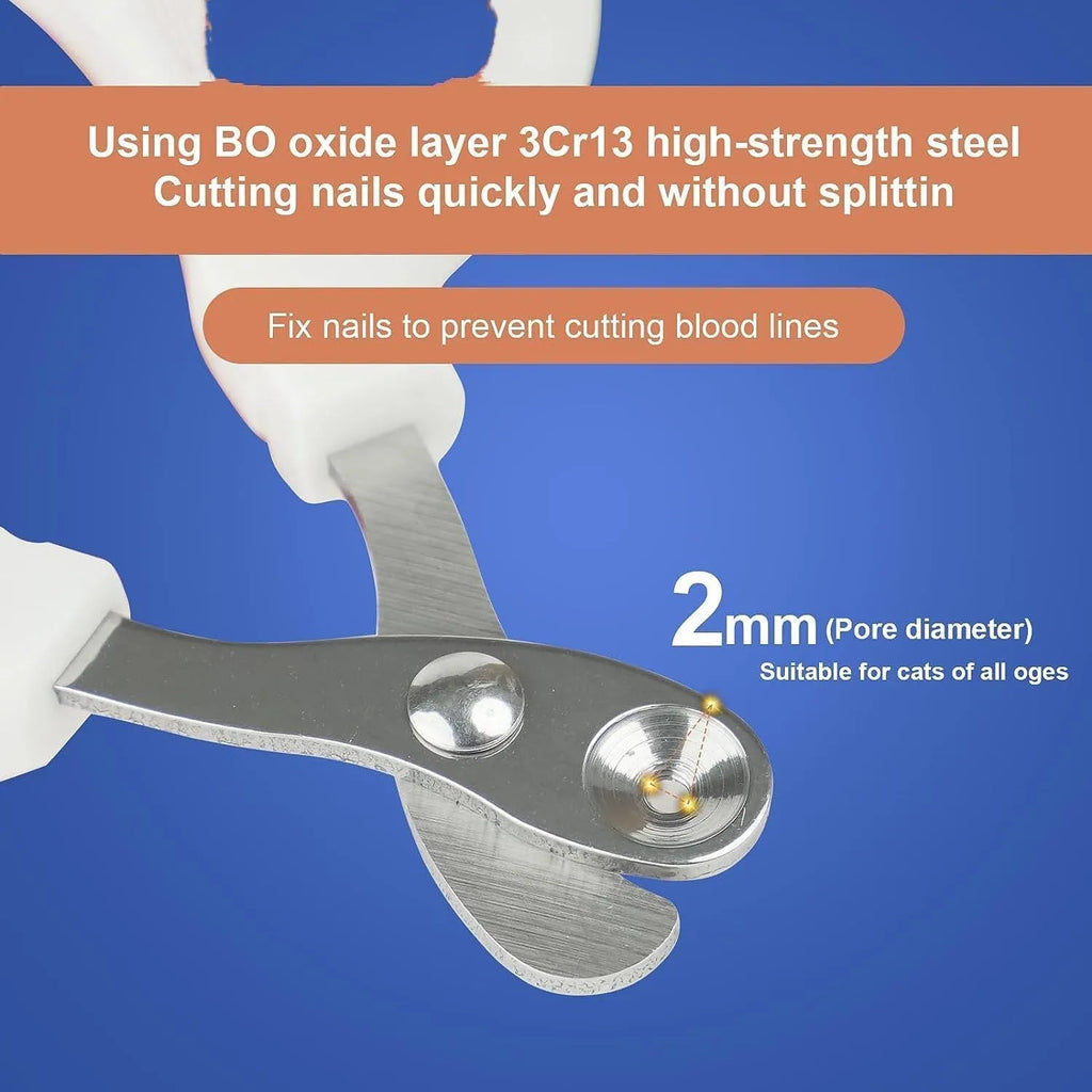 Blue cat nail clippers with circular hole design and cushioned non-slip handle for safe pet trimming