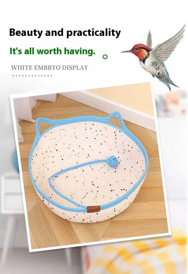 Cotton and hemp rope cat nest mat in large size with dangling toy ball, placed inside a cage