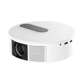 White home theatre projector with remote control on table showing HD 720p resolution specifications