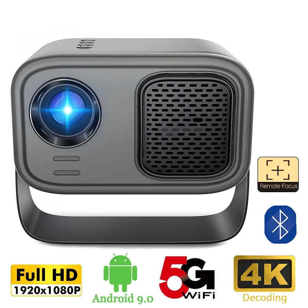 Black HD portable projector with remote control on home office desk