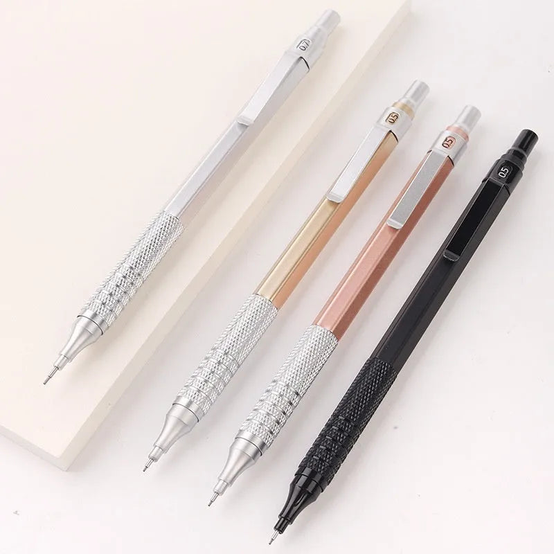 Low centre of gravity metal propelling pencil in silver finish with alloy body and visible lead tip