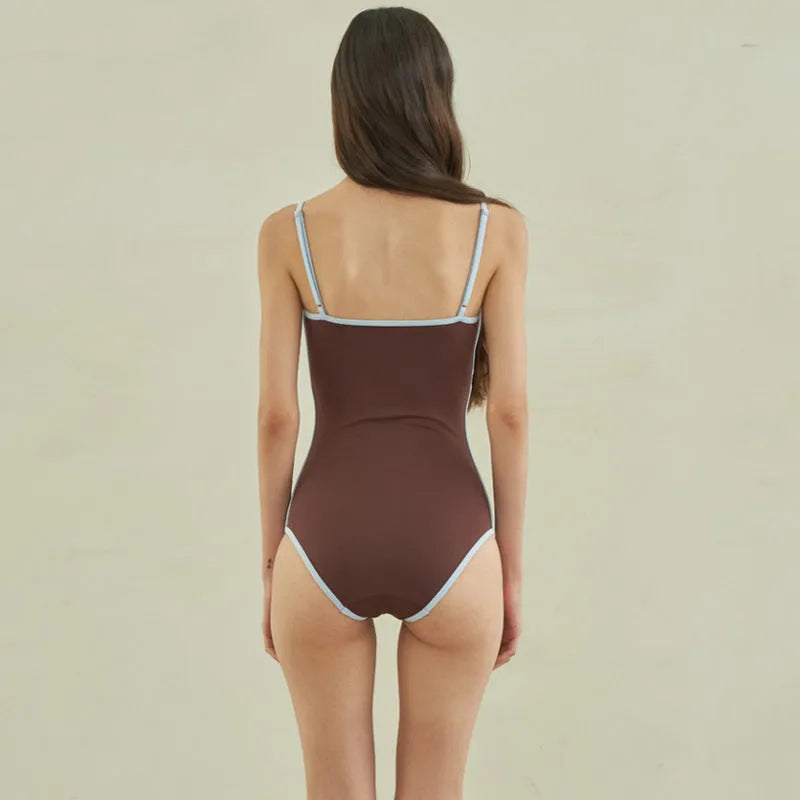 Brown triangle one-piece swimsuit for women in nylon fabric with sexy pattern design