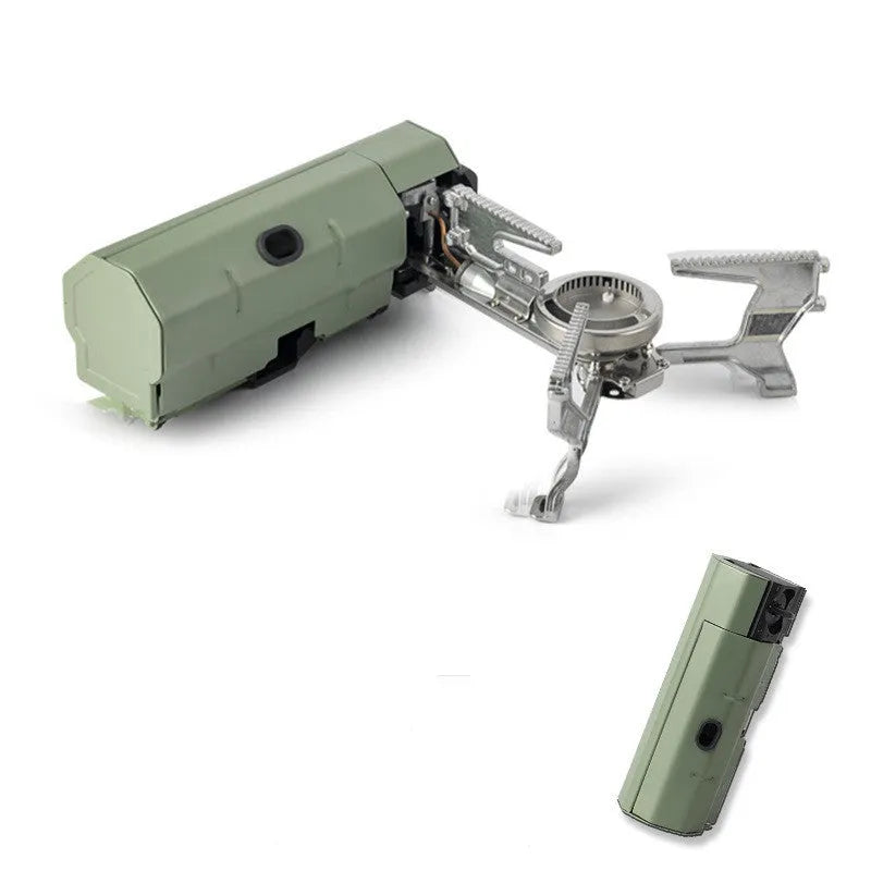 Green folding camping gas stove with burner, serrated bracket, and anti-slip feet on a tabletop