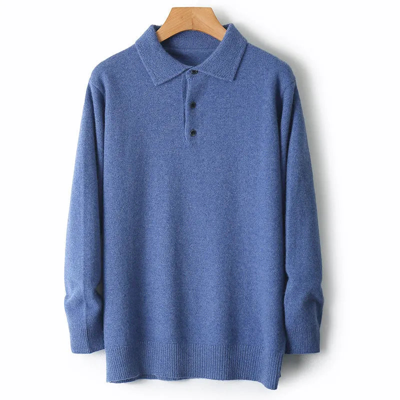 Men's grey wool pullover sweater with a polo collar laid flat
