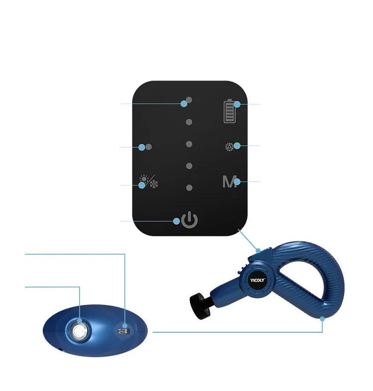 Black smart muscle massage gun with display, attached massage head, and additional heads on a table.