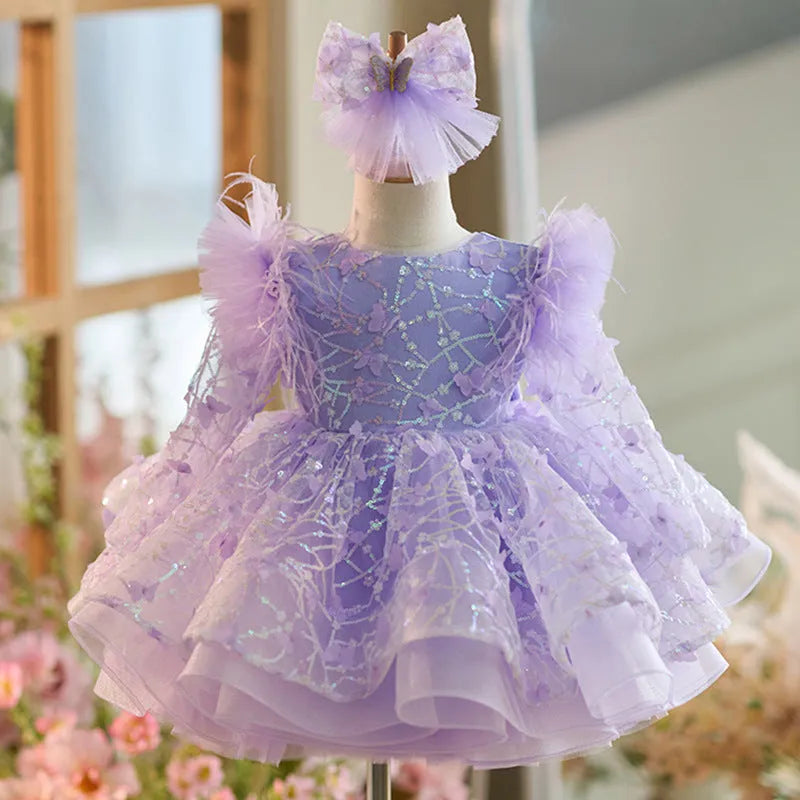 Butterfly sequined long sleeve princess dress for children in dreamy purple colour