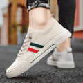 Breathable thin knitted mesh men's casual sneakers in beige with flat rubber sole and elastic band closure