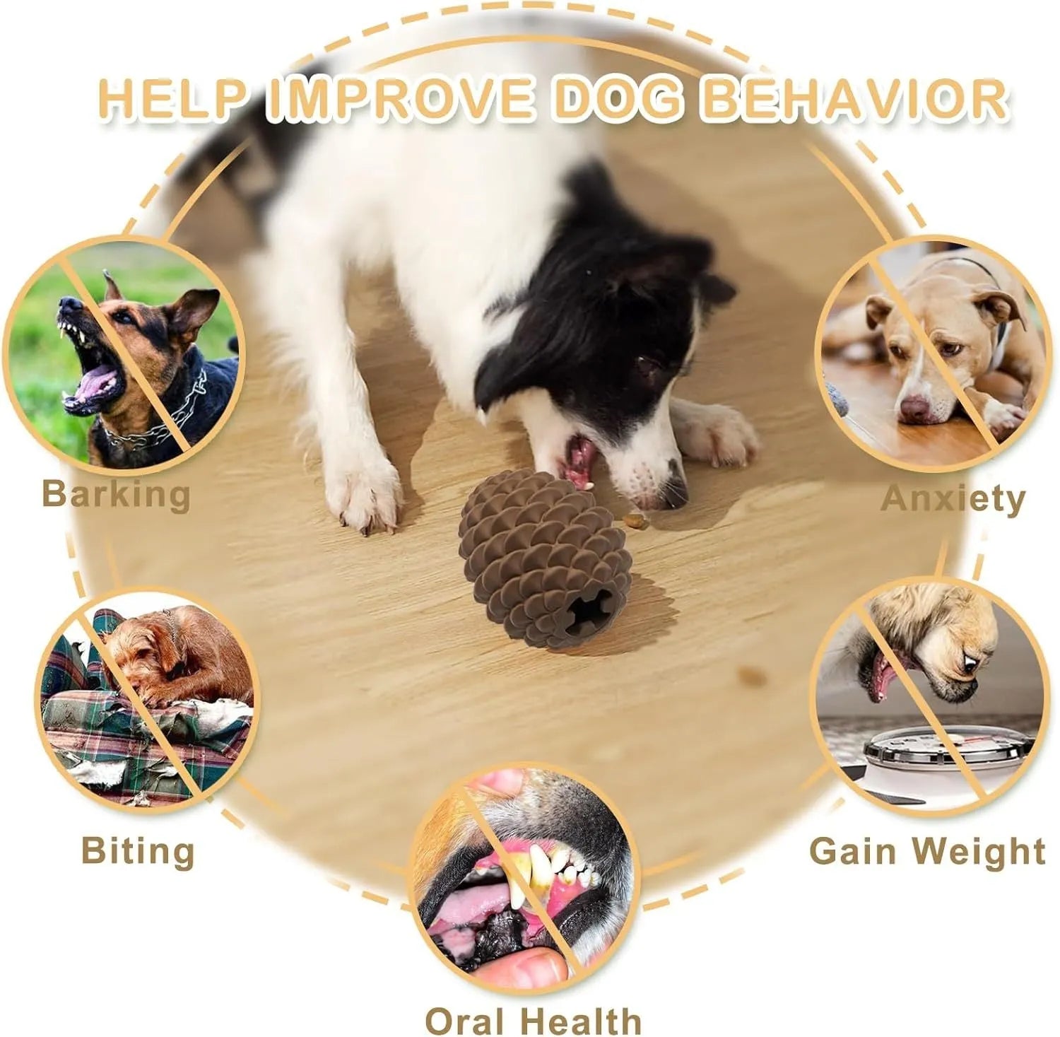 Yellow pine cone shaped dog chew toy with textured surface and treat dispensing hole