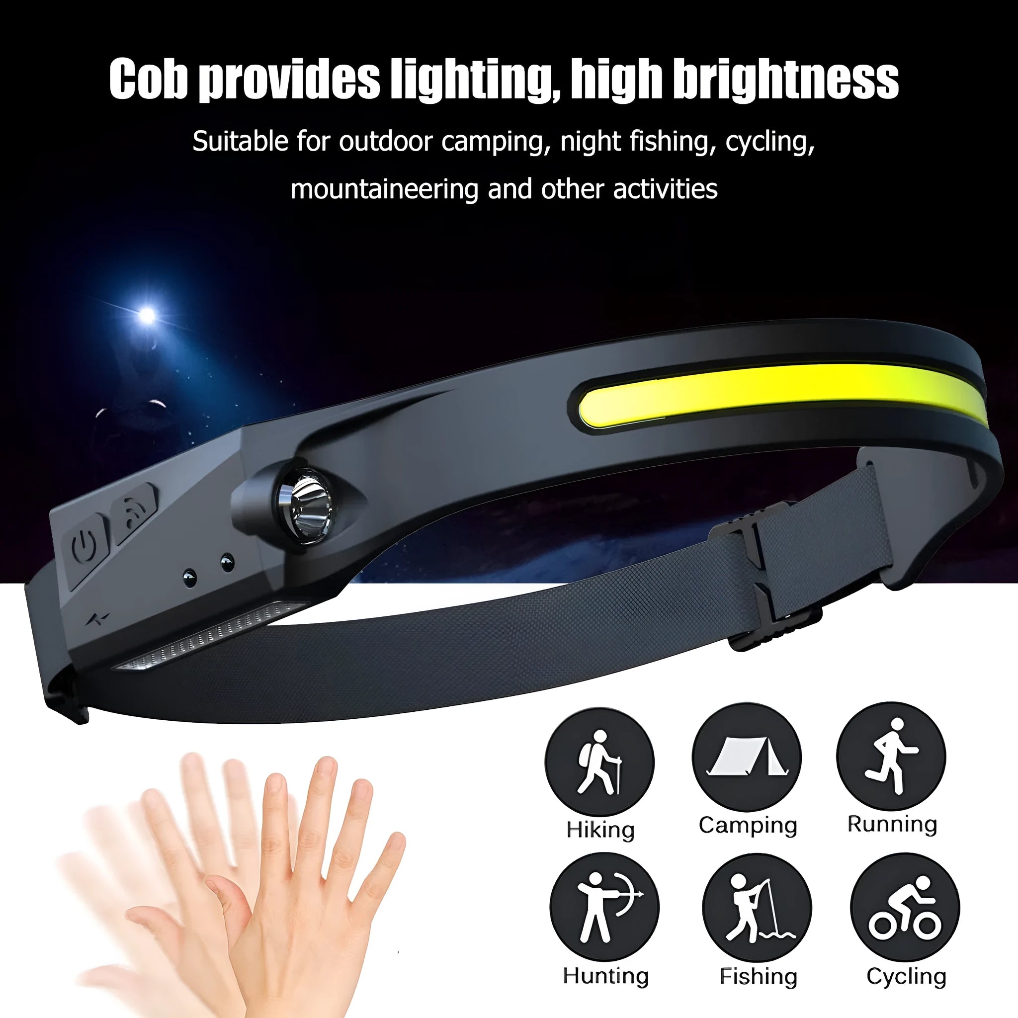 COB LED induction headlamp with USB rechargeable, 230-degree beam and 100m range side LED on a person wearing it outdoors