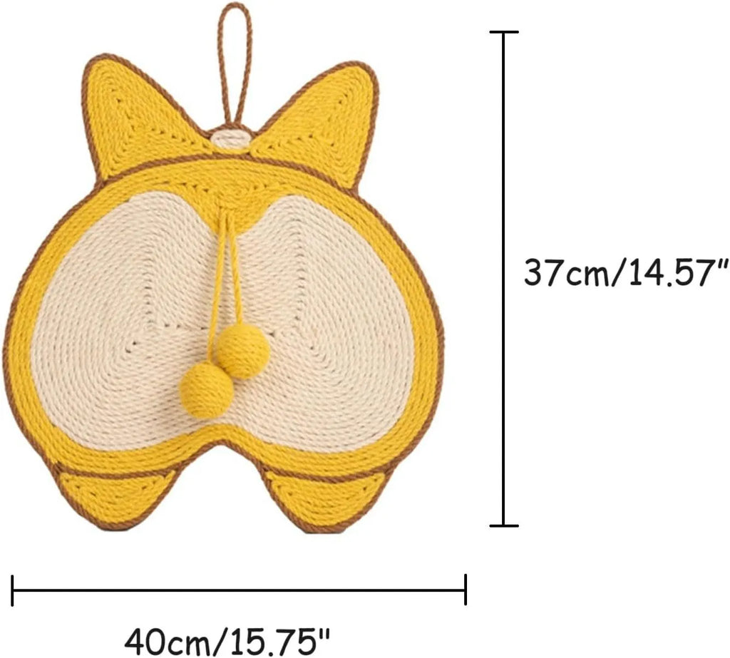 Yellow sisal cat scratching board with Corgi dog butt design, shown on a floor with a cat.