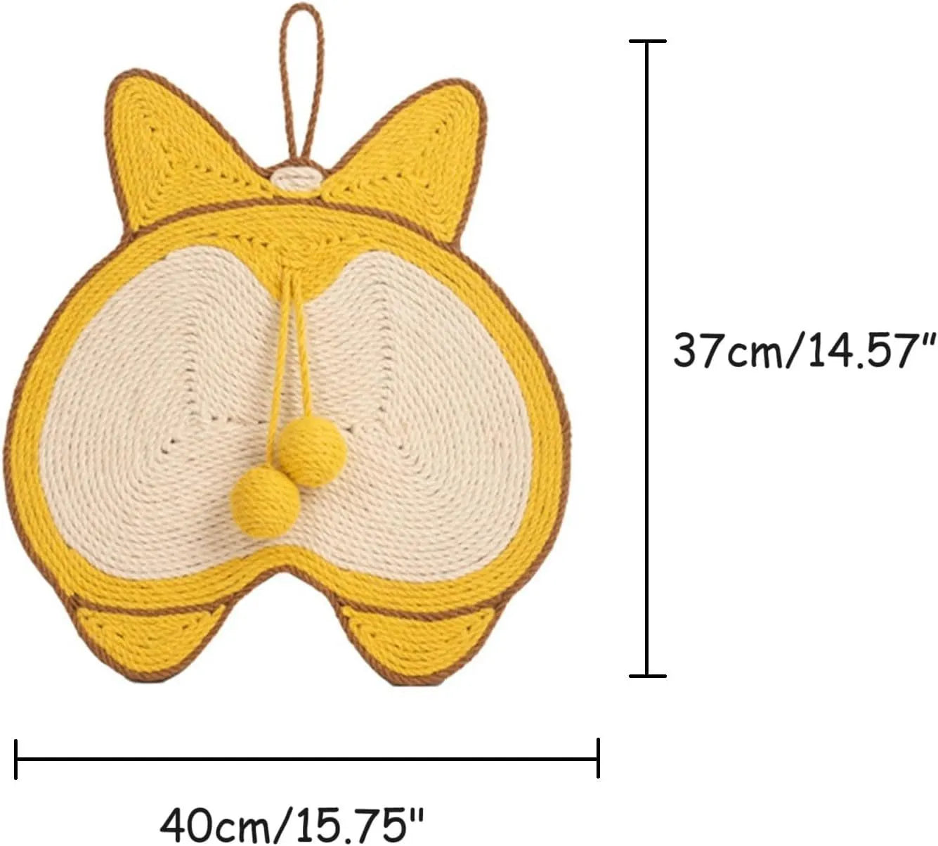 Yellow sisal cat scratching board with Corgi dog butt design, shown on a floor with a cat.