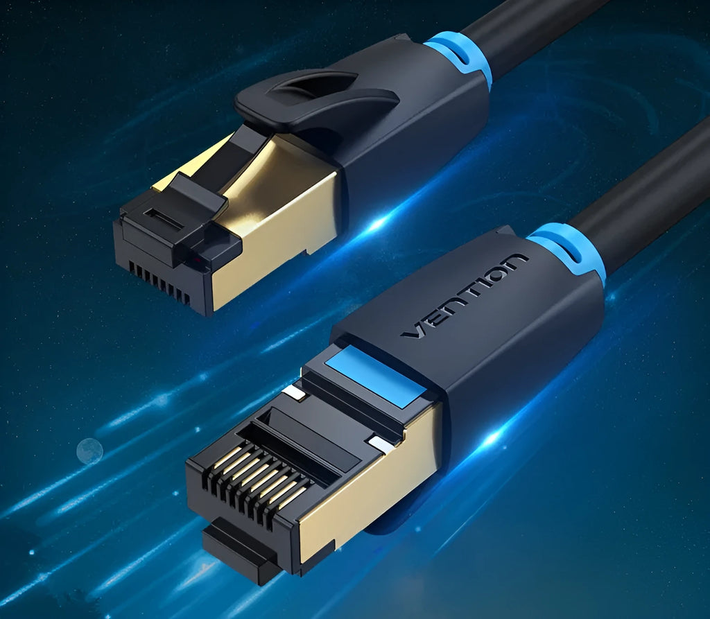 CAT8 shielded ethernet patch cable with RJ45 connectors, shown in flat and round style options.