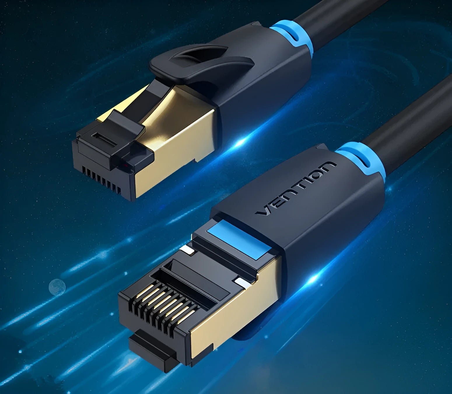 CAT8 shielded ethernet patch cable with RJ45 connectors, shown in flat and round style options.