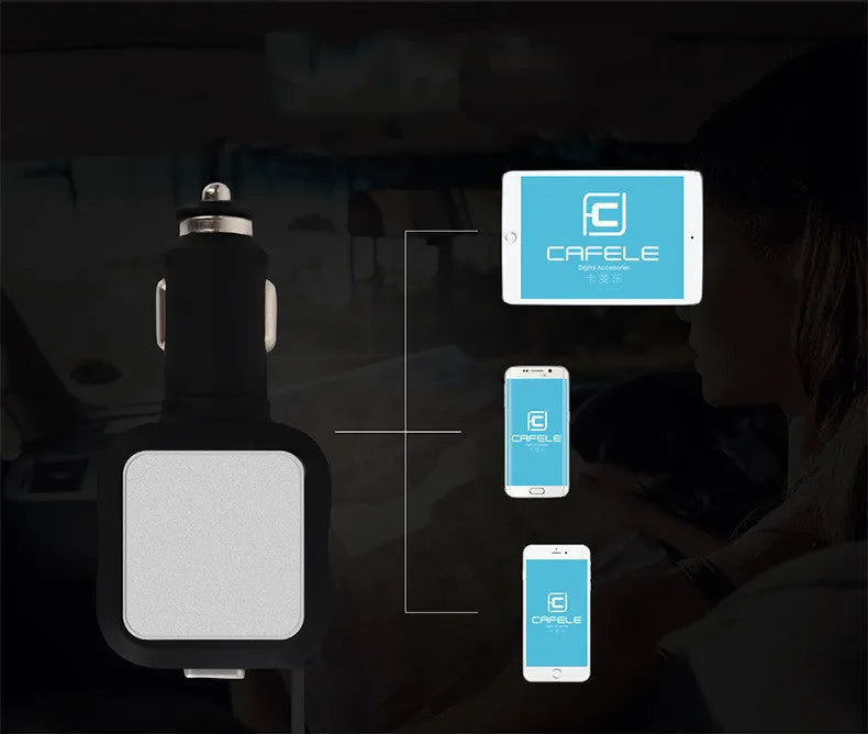 2 in 1 Dual USB car charger with retractable cable for mobile phones, Black/Silver