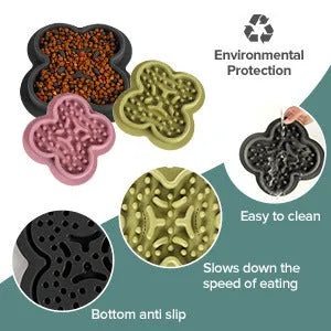 A blue silicone pet licking pad with a textured surface, placed on a wooden floor.
