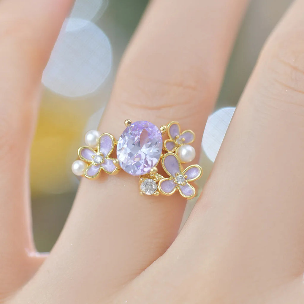 Flower pearl zircon open ring on copper base, yellow colour, cream sweet girl style
