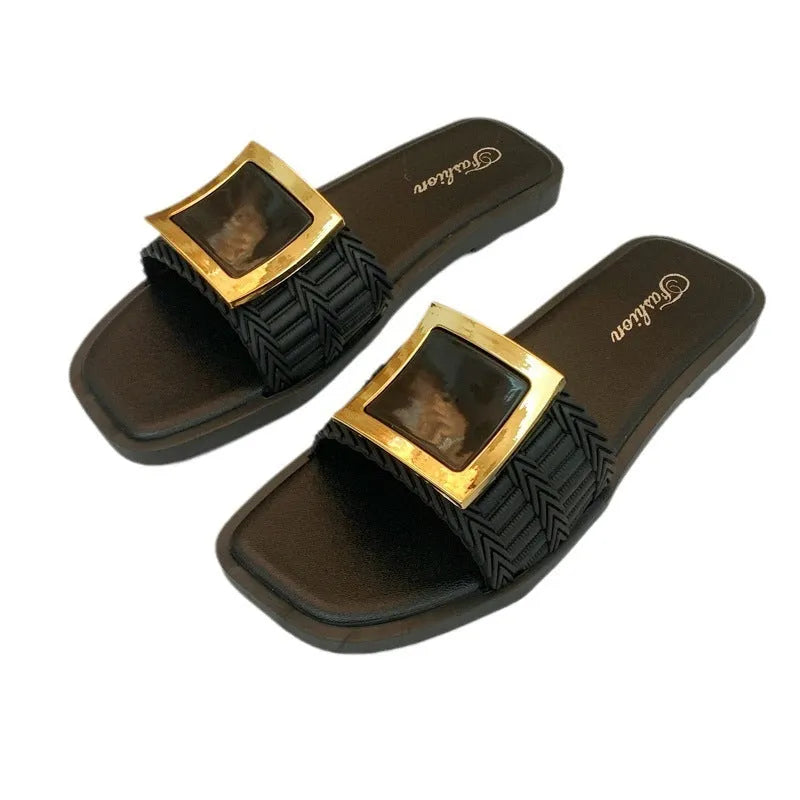 Women's flat summer slippers in apricot colour with slip-on design and textured PVC sole